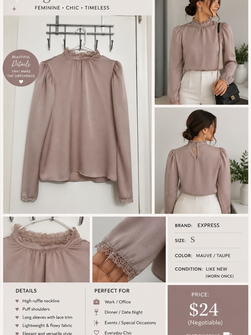 Express Mauve Taupe Ruffle-Neck Long Sleeve Blouse